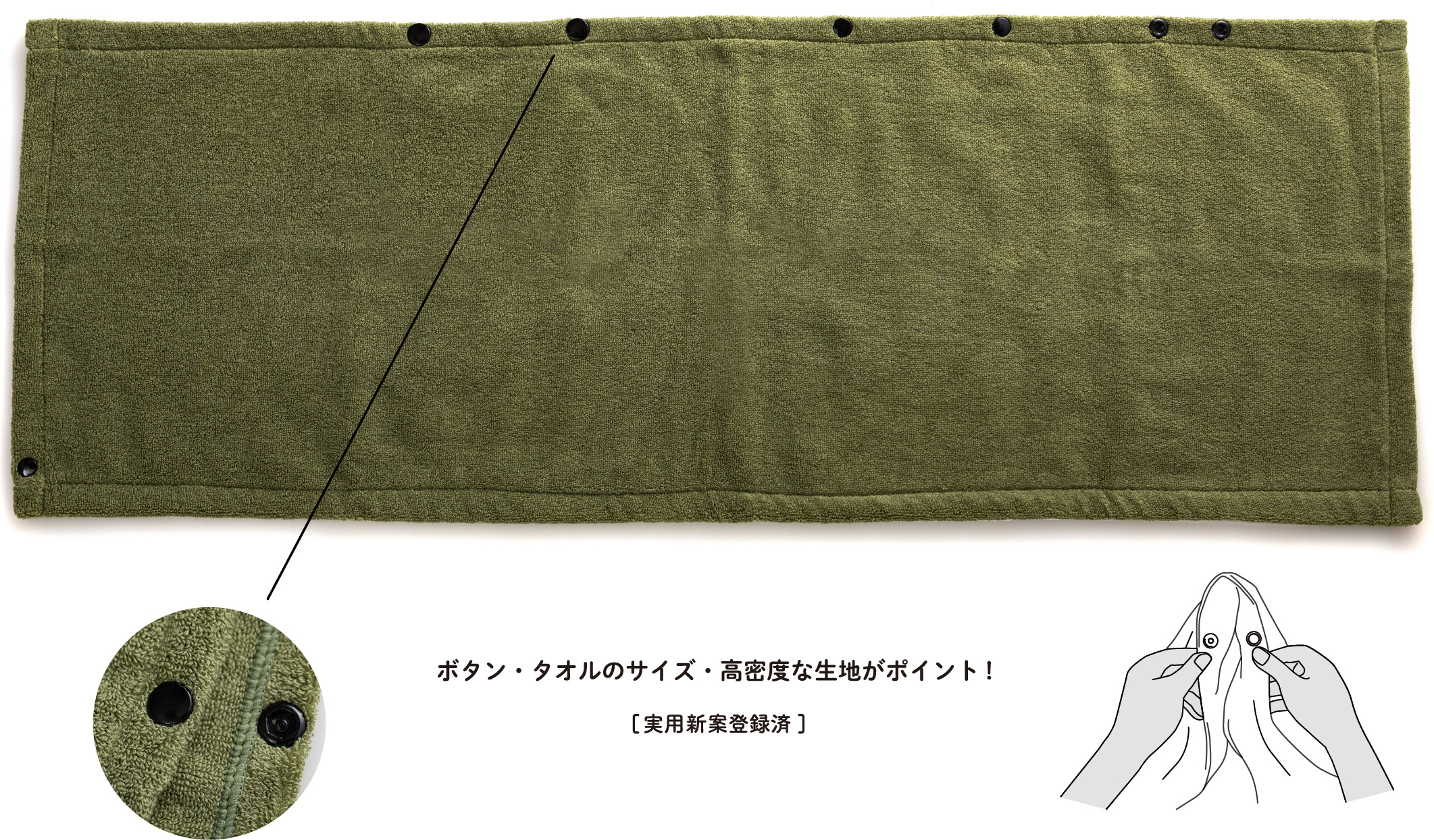 ボタン・タオルのサイズ・高密度な生地がポイント!